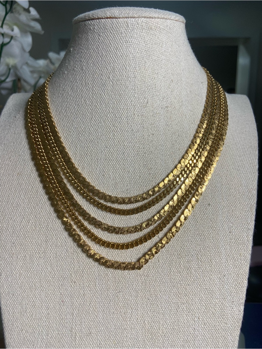 Signed Vintage Monet 5-Row Gold Plated Flat Link Chain Necklace with Tulip End C